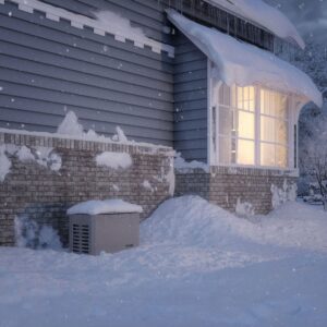 A Kohler Generator in winter surrounded by snow near a home with lights on after a winter storm.