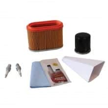 Portable Generator Maintenance Kit with Spark Plugs, Oil Filter, Air Filter, Funnel, and Sta-Bil fuel stabilizer.