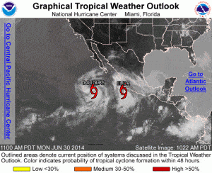 Satellite imagary shows two tropical storms side by side off the western coast of Mexico.