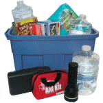 A blue plastic tub filled with emergency supplies including food, water, first aid kit, and numerous other items.