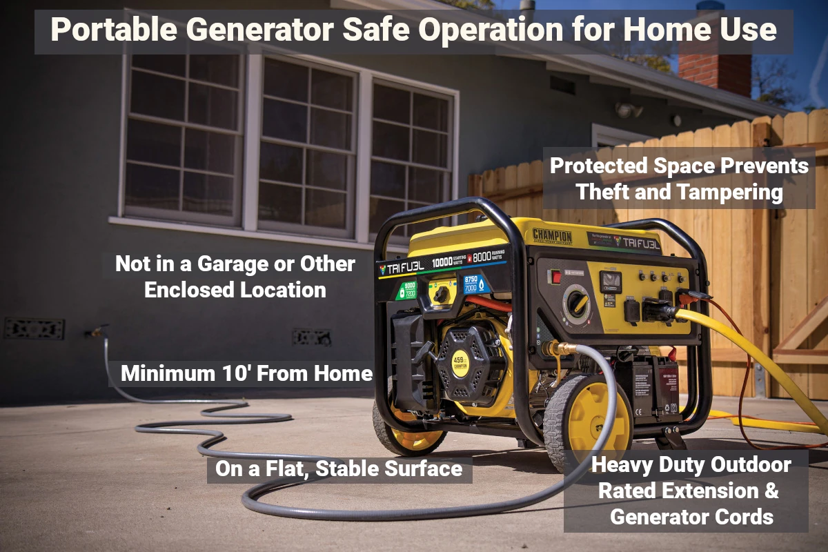 Portable Generator Safe Operating. A Generator on a Concrete Driveway Between a Wooden Fence and the House and Garage, hidden from the street. Text reads: Portable Generator Safe Operation for Home Use. Not in a Garage or Enclosed Location, Minimum 10' From Home, On a Flat Stable Surface, Heavy Duty Outdoor Rated Extension and Generator Cords, Protected Space Prevents Theft and Tampering.