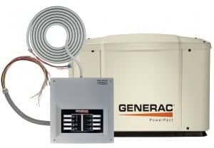 Generac PowerPact 6518 showing automatic transfer switch with wiring whips for installation.