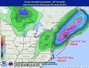 NOAA Map of Winter Storm Juno and how it will impact the East Coast.