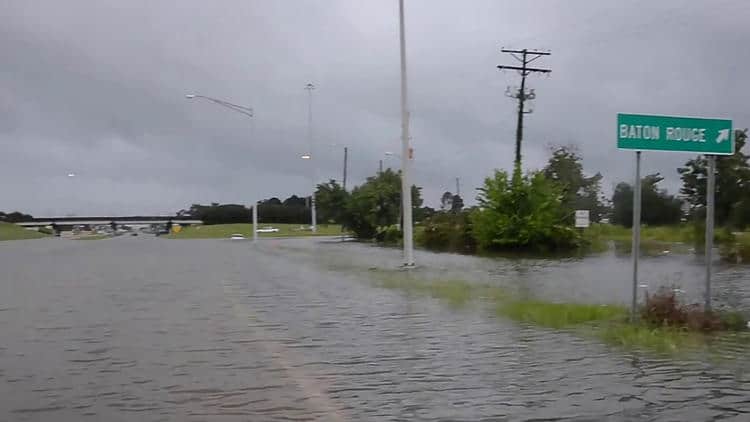 A roadway underwater outside Baton Rouge Louisiana