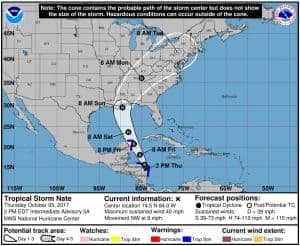 The forecast Cone of Tropical Cyclone Nate headed for the Gulf Coast