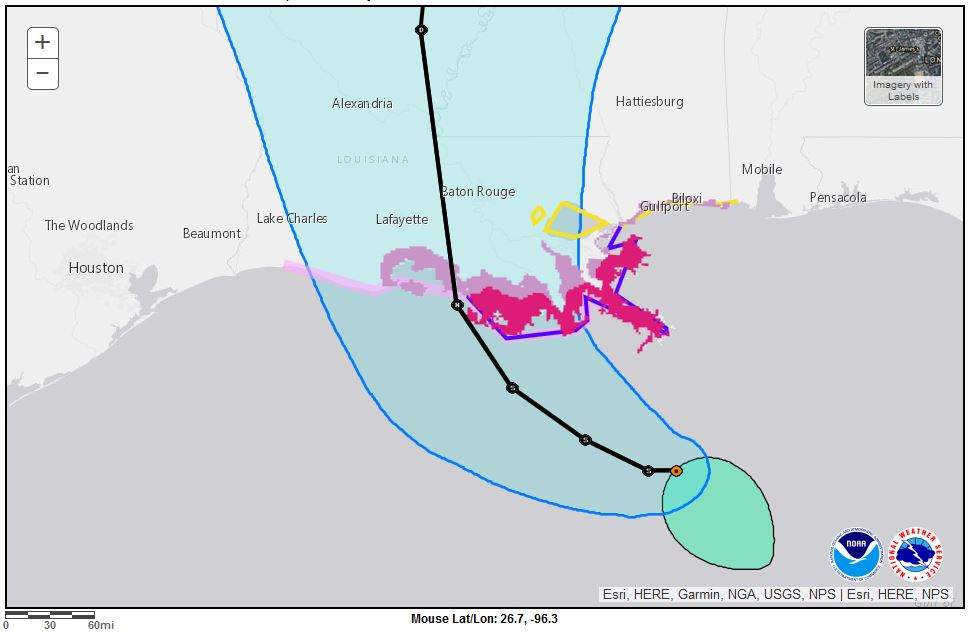 Warnings and Watches map for Tropical STorm Barry on July 11, 2019