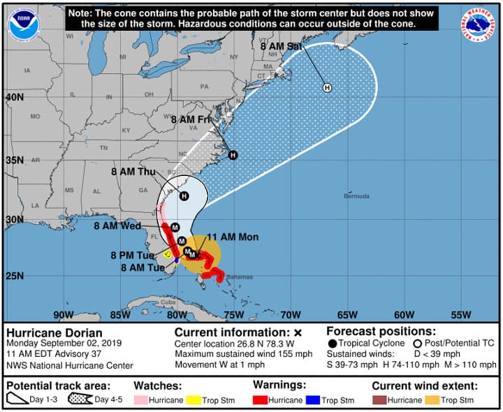 Hurricane Dorian Watches and Warnings in Place for East Coast