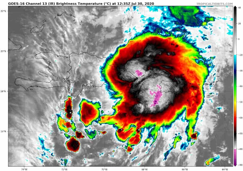 GOES 16 Infrared Image of Hurricane Isaias on July 30, 2020