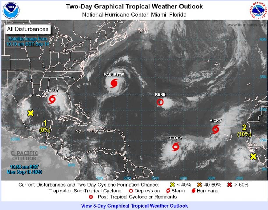 Atlantic Ocean 2-Day Tropical Outlook with 5 Named Storms present over the Atlantic Basin. NOAA NHC Graphic.