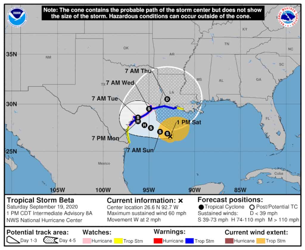 Tropical Storm Beta off the Texas Coast on September 19, 2020. National Hurricane Center Graphic.