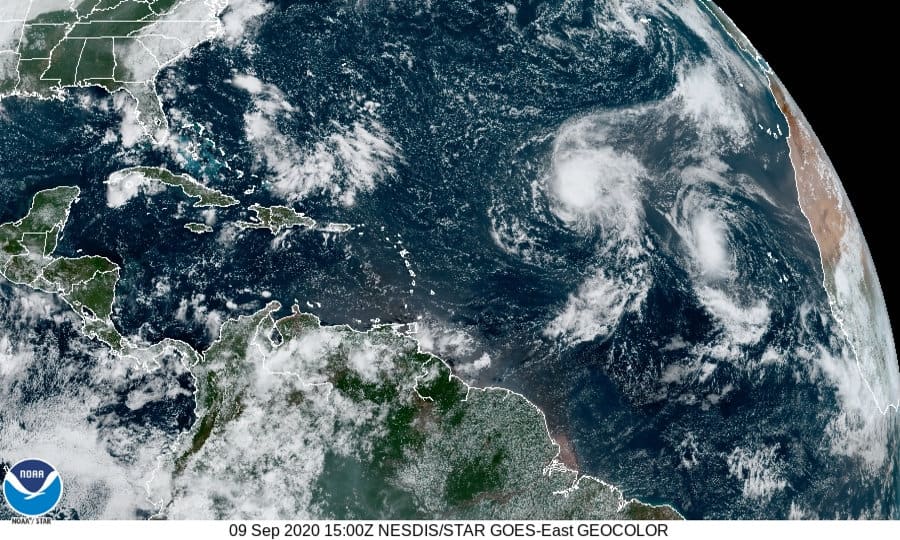 Tropical Storms Paulette and Rene in the Central and East Atlantic Ocean on September 9, 2020. NOAA Image
