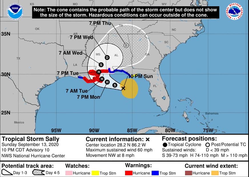 Tropical STorm Sally Forecast Cone on 13 September 2020. NOAA NHC Graphic