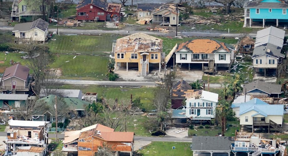 Devastaged homes after Hurricane Laura near St. Charles, Louisiana