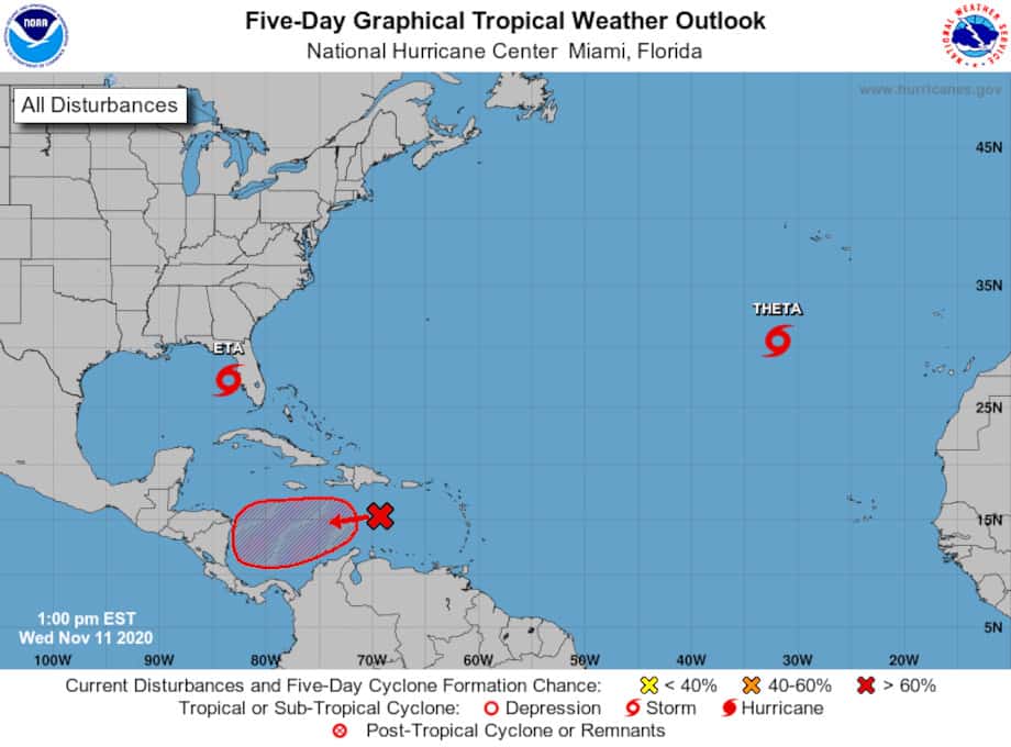 Five Day Tropical Outlook by the NHC for November 11, 2020