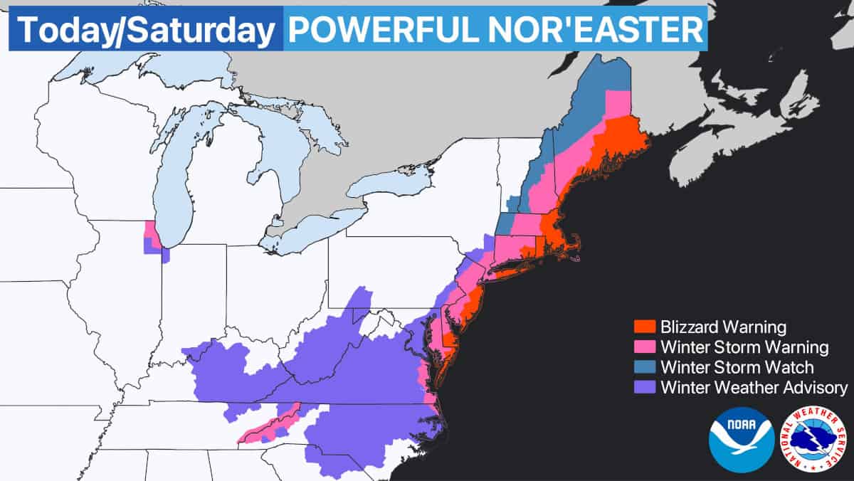Blizzard and Winter Storm Warnings, Watches, and Advisories for the January 2022 Nor'easter. NOAA Graphic.