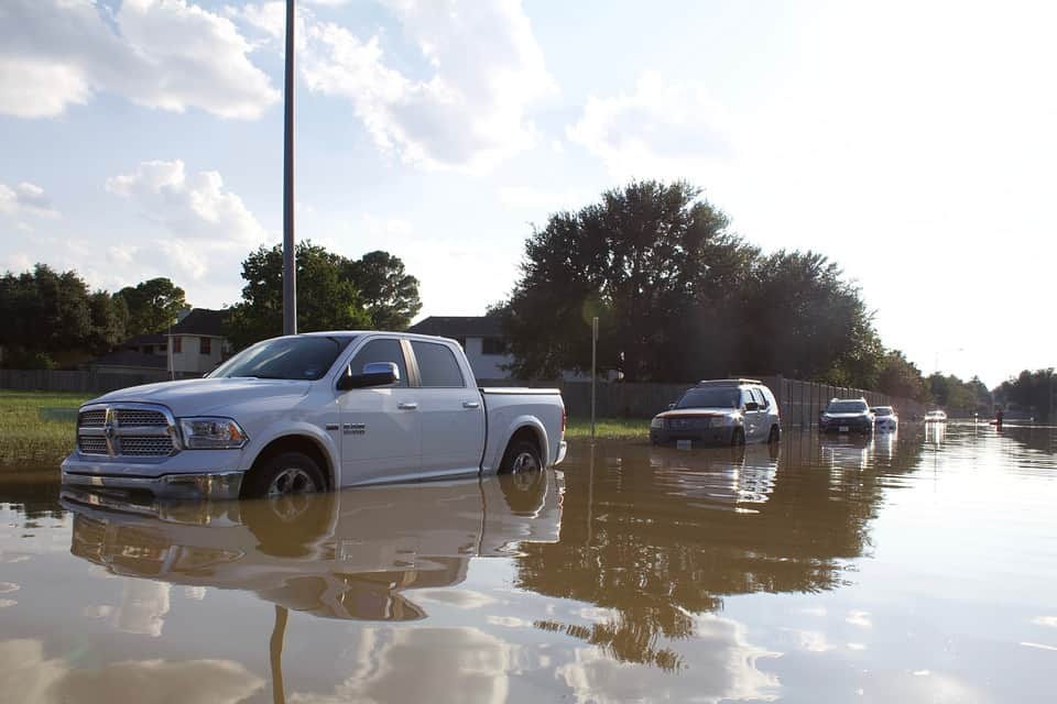 Cars stranded along a flooded roadway in Texas following Hurricane Harvey