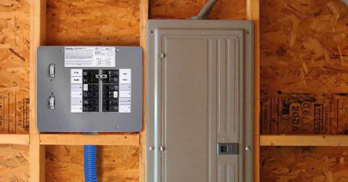 A manual transfer switch with main panel connects to the inlet box outside and the main panel circuit breaker through the blue cable
