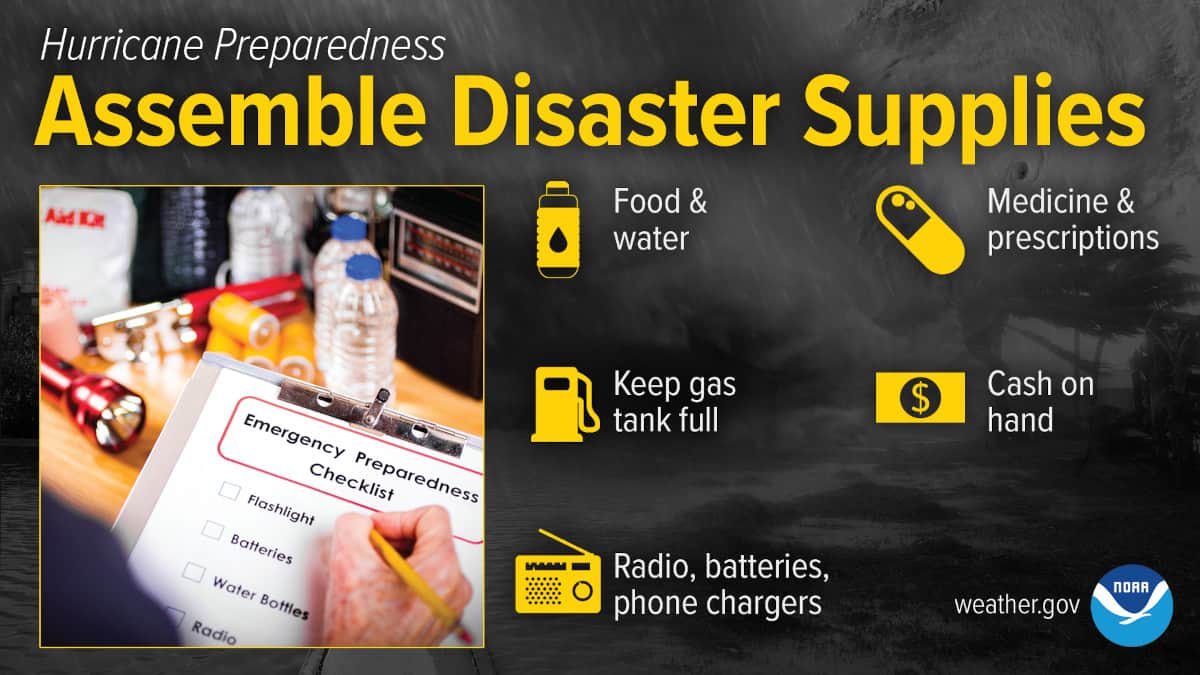 NOAA NWS Preparedness Poster: Assemble Disaster Supplies: Food Water Medicine Cash Radio Batteries Chargers Keep Gas Tanks Full
