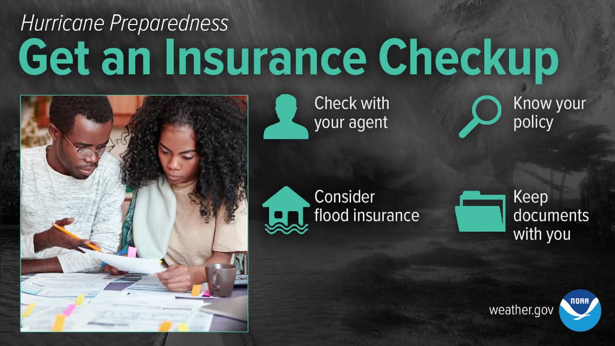 Hurricane Prevention Week Graphic - Get an Insurance Checkup - Couple looking at insurance documents.