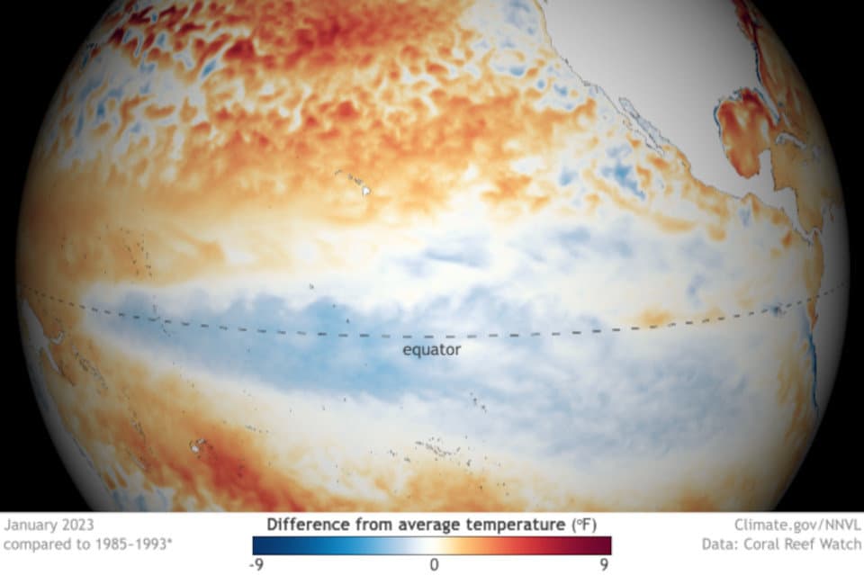 The El Nino / La Nina area of the equatorial Pacific Ocean in a La Nina Phase January 2023 - NOAA Image