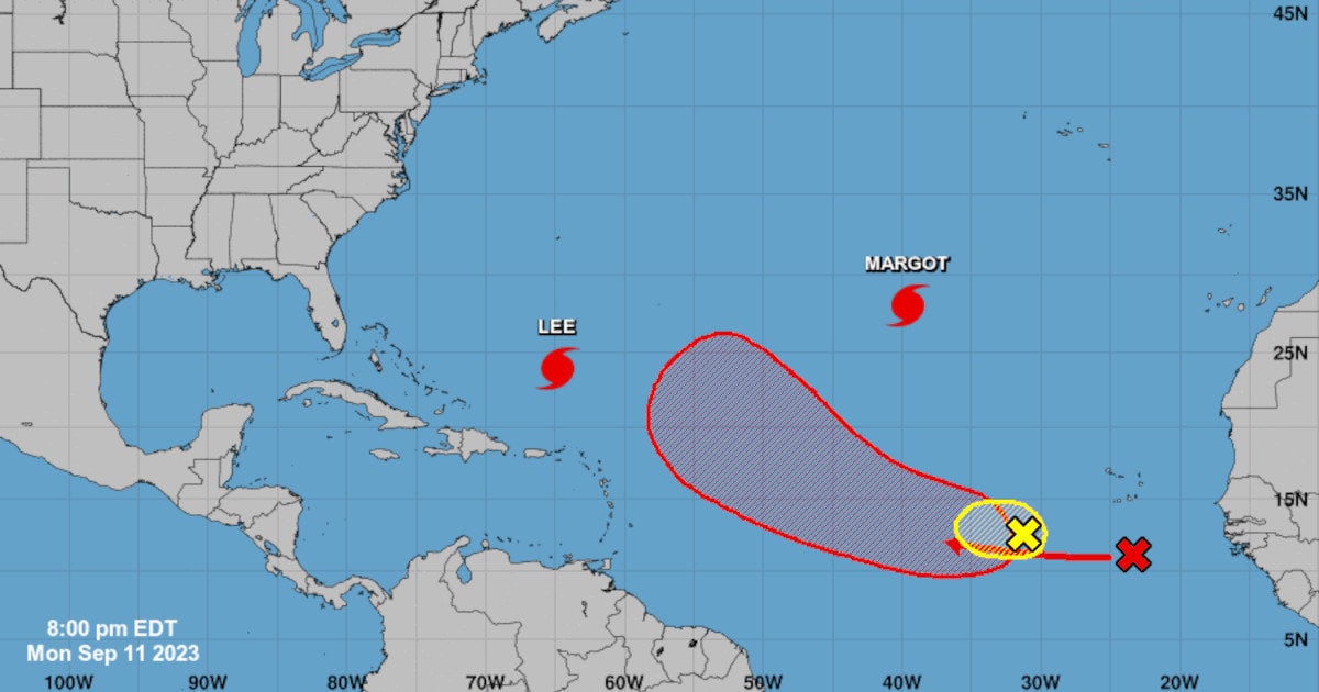 Atlantic Basin 7-Day Outlook September 11, 2023 Shows Category 3 Hurricane Lee, Hurricane Margo,   one system with a 70 percent chance of development and another with a 10 percent chance. NHC Graphic.