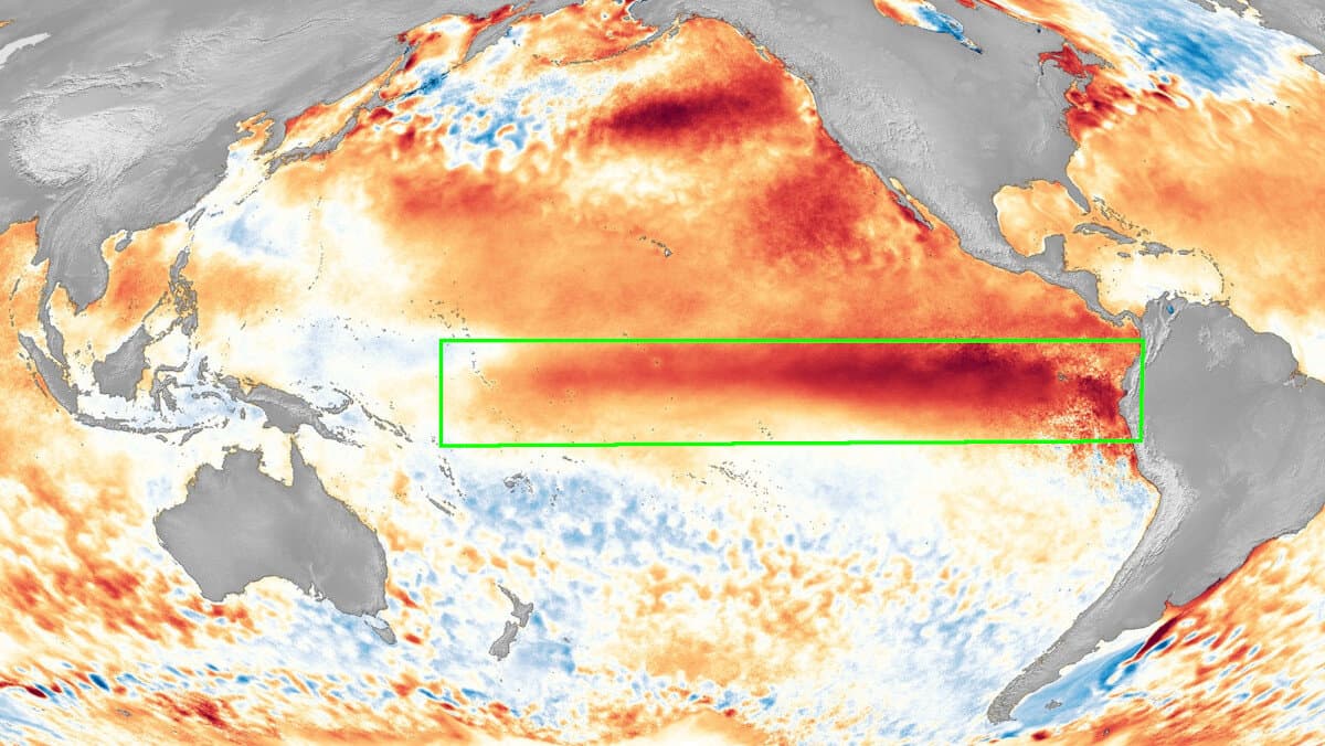 El Niño Southern Oscillation Region or ENSO in the Pacific Ocean Along the equator, currently in the El Niño state of warmer temperatures shown by deep red highlight in the region. NOAA Graphic