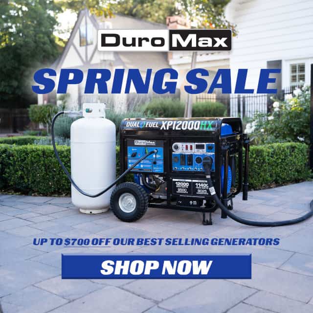 DuroMax Spring Sale at Norwall. A Duromax XP12000HX Generator Connected to a 60-pound propane tank and a heavy-duty generator-to-manual-transfer-switch cord in front of a house. Text Reads: Up to $700 off our best selling generators. Shop Now.