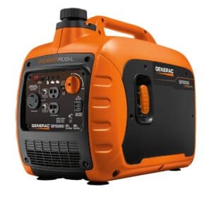 Generac GP3300i Portable Generator showing Orange enclosure, front panel, and recoil pull handle.