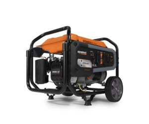 Generac GP3600 Portable Generator 3600 Watts. Shows Control Panel, Never Flat Wheels, and Folding Handle