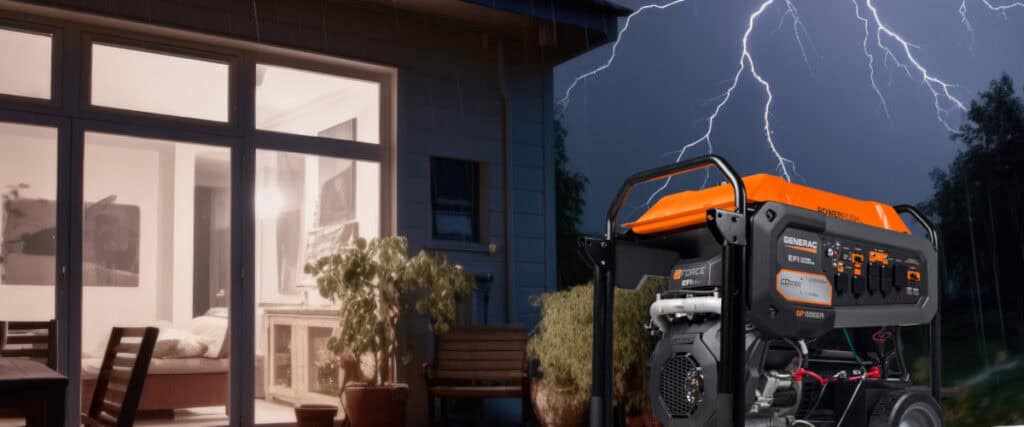 Generac Portable Generator Outside a House During a Storm. The House Has lights in a dark neighborhood. Lightning strikes in the background.