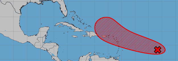 NOAA NHC Graphic showing the tropical wave with a 90% chance of development over the next 7 days