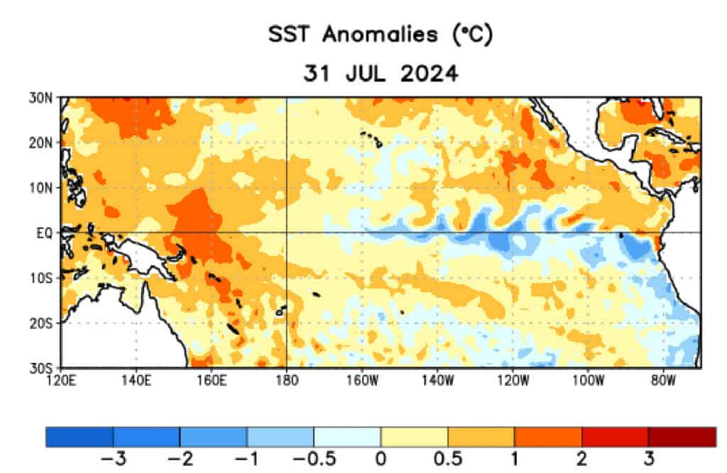 NOAA CPC ENSO graphic showing the cooler water along the eastern half of the equatorial Pacific where temperatures are 0.5-1.0 degrees below normal.