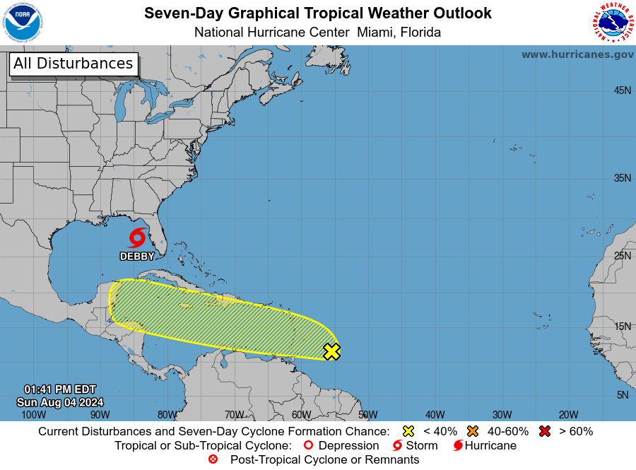 August 4 National Hurricane Center 7-Day Forecast shows Tropical Storm Debbie in the Gulf of Mexico and the Tropical Wave  east of the Windward Islands.