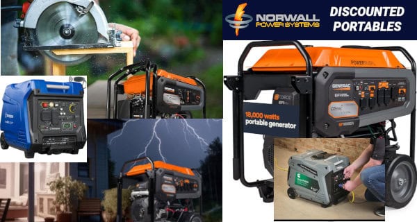 Collage of discounted portable generators at Norwall including Generac, Westinghouse, and Cummins