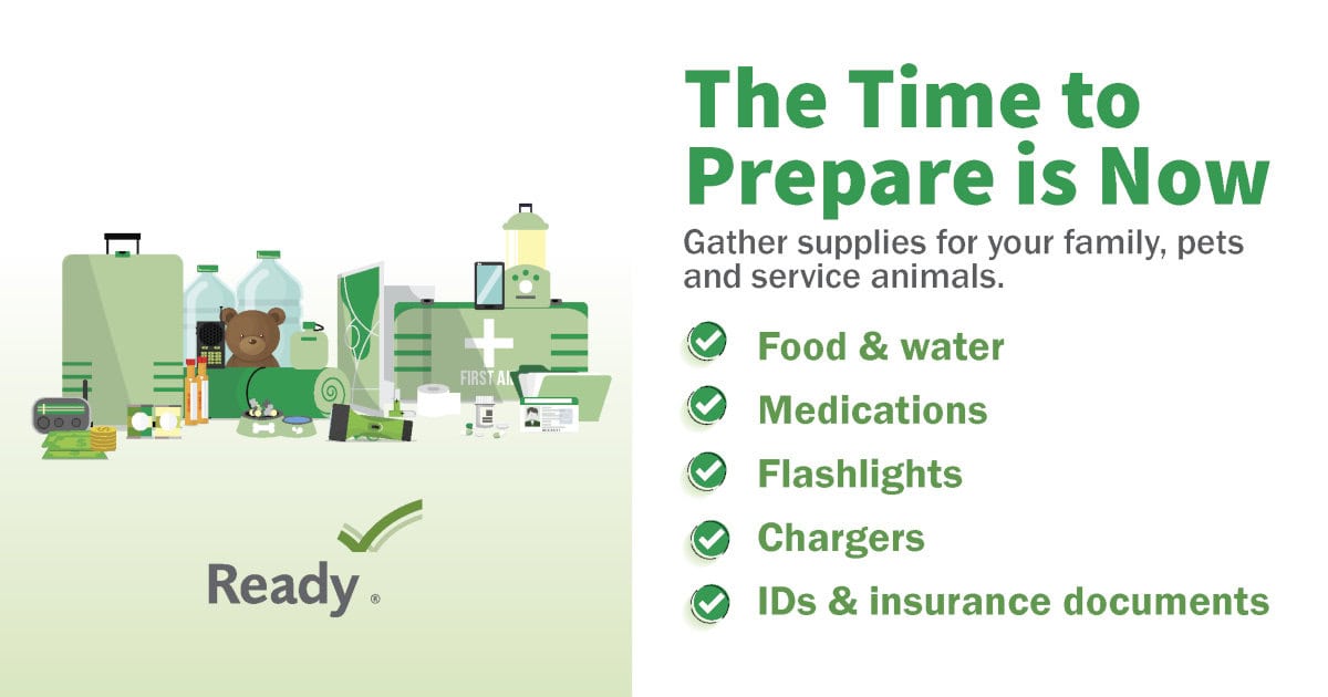 Ready.gov Graphic display supplies for a disaster. Text reads "The Time to Prepare is Now. Gather supplies for your family, pets, and service animals. Food, Water, Medications, Flashlights, Chargers, ID, Insurance Documents.