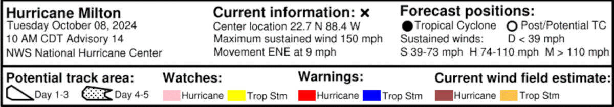 Hurricane Milton Update Information October 8, 2024 from the NHC with Color-Coded Watches & Warnings. Location 22.7N 88.4W. Max sustained wind 150 MPH, Movement ENE at 9 MPH. Currently a strong Category 4 Hurricane.