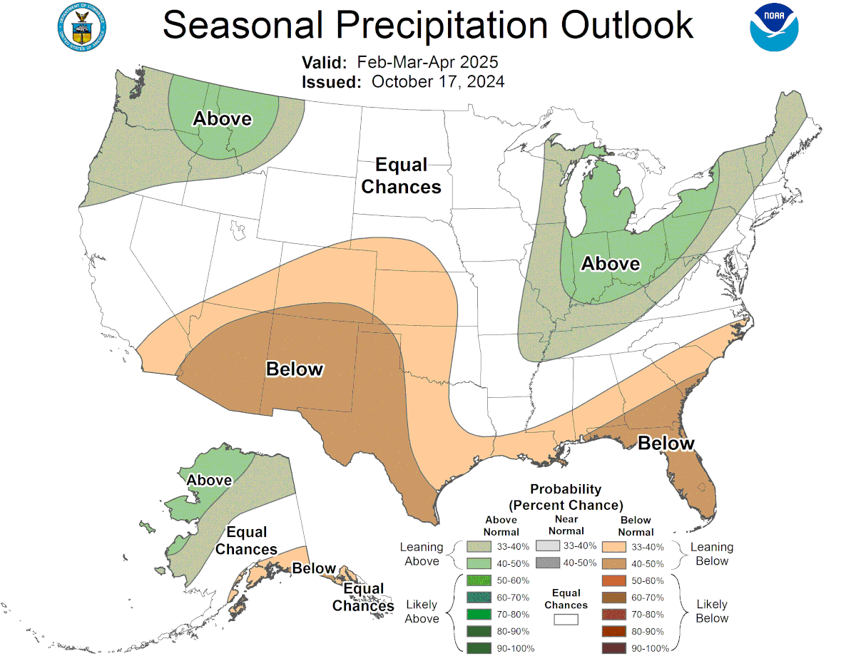 NOAA Graphic depicting the precipitation forecast for February-April 2025. Wetter in the Pacific Northwest and Great Lakes, Drier from North Carolina along to coast to Texas through Arizona and northeast to Nebraska down through Oklahoma. The Great Plains to California and away from the coast in the south look for Average precipitation.