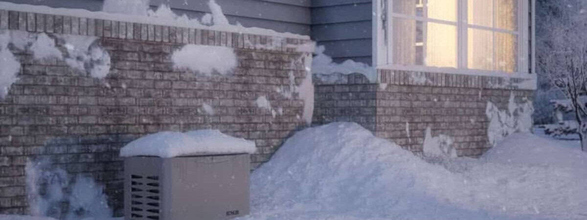 A standby generator surrounded by snow outside a home keeps the power on and the house warm during an outage.