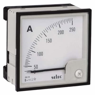 A square ammeter with a 90 degree dial scaled from 0 to 250 amps.