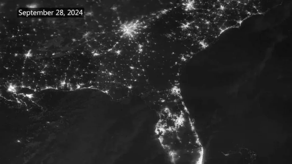 Image of the swath of power outages left in the wake of Hurricane Helene on September 24, 2024. From the Florida Big Bend to western North Carolina, the area is almost completely dark. NASA image