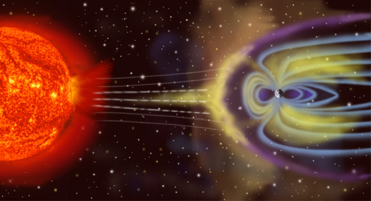 An artists depiction of the solar wind striking earth's magnetosphere. The magnetosphere guides the wind around earth instead of striking it. However, gaps between the magnetic lines of force guide a small portion of the wind to the Earth's poles. NASA image