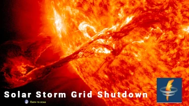 A Coronal Mass Ejection, or CME, on the sun flings a ball of plasma many times the size of the earth from the surface at more than 900 miles per second. An image of the earth added to the image just below the CME provides scale. NASA image. Text Reads "Solar Storm Grid Shutdown" The Norwall Cyclone Bolt Logo is in the Lower Right Corner.